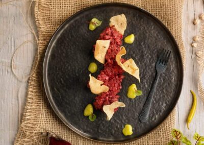 Pardina lentil tartare with piparra juice and crunchy cumin