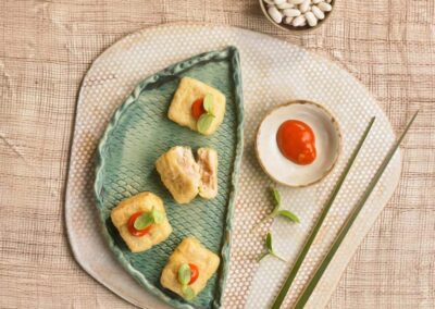 White bean tempeh tempura accompanied by kimchi mayonnaise