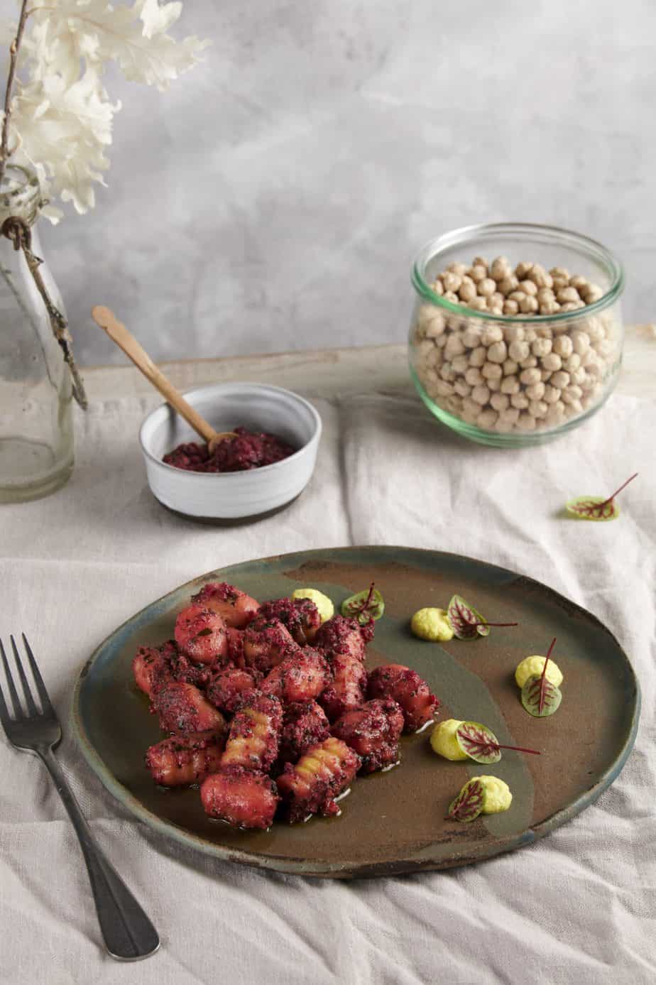 Chickpea gnocchi with beetroot pesto and cashew ricotta