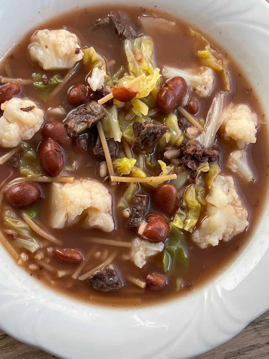 RED BEAN SOUP, CABBAGE, CAULIFLOWER, RICE, NOODLES AND BLOOD SAUSAGE